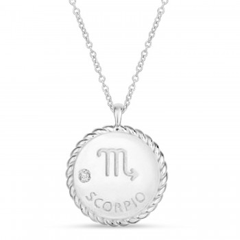 Scorpio Zodiac Diamond Medallion Disk Pendant Necklace 14k White Gold