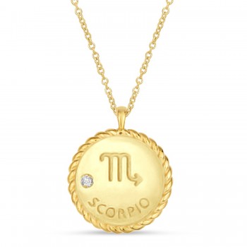 Scorpio Zodiac Diamond Medallion Disk Pendant Necklace 14k Yellow Gold