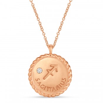 Sagittarius Zodiac Diamond Medallion Disk Pendant Necklace 14k Rose Gold