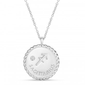 Sagittarius Zodiac Diamond Medallion Disk Pendant Necklace 14k White Gold