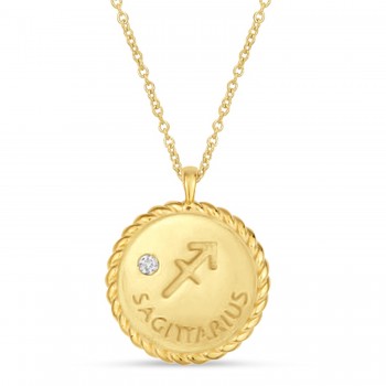 Sagittarius Zodiac Diamond Medallion Disk Pendant Necklace 14k Yellow Gold