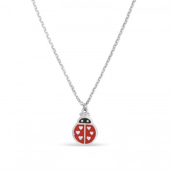 Ladybug Enamel Pendant Necklace 14k White Gold