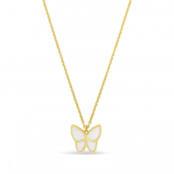 Mother of Pearl Butterfly Pendant Necklace 14k Yellow Gold