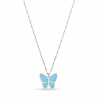 Turquoise Butterfly Pendant Necklace 14k White Gold