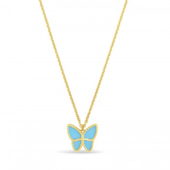 Turquoise Butterfly Pendant Necklace 14k Yellow Gold