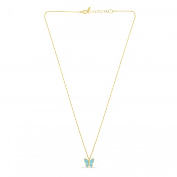 Turquoise Butterfly Pendant Necklace 14k Yellow Gold