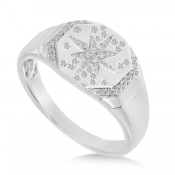 Diamond Starburst Signet Ring 14K White Gold (0.14ct)