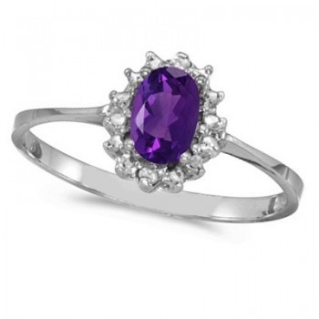 Amethyst & Diamond Right Hand Flower Shaped Ring 14k White Gold (0.45ct)