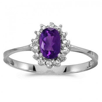 Amethyst & Diamond Right Hand Flower Shaped Ring 14k White Gold (0.45ct)