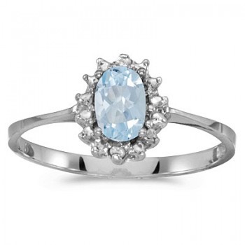 Aquamarine & Diamond Right Hand Flower Shaped Ring 14k White Gold