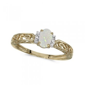 Oval Opal & Diamond Filigree Antique Style Ring 14k Yellow Gold