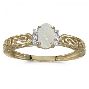 Oval Opal & Diamond Filigree Antique Style Ring 14k Yellow Gold