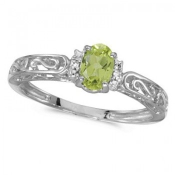 Oval Peridot & Diamond Filigree Antique Style Ring 14k White Gold