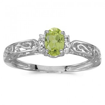 Oval Peridot & Diamond Filigree Antique Style Ring 14k White Gold