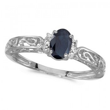 Blue Sapphire & Diamond Filigree Antique Style Ring 14k White Gold