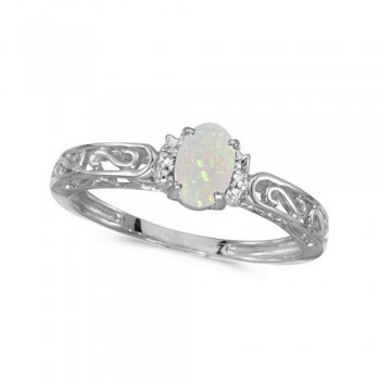 Oval Opal & Diamond Filigree Antique Style Ring 14k White Gold