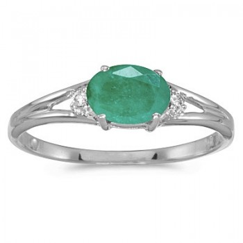 Oval Emerald & Diamond Right-Hand Ring 14K White Gold (0.45ct)
