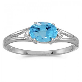 Oval Blue Topaz & Diamond Right-Hand Ring 14K White Gold (0.59ct)