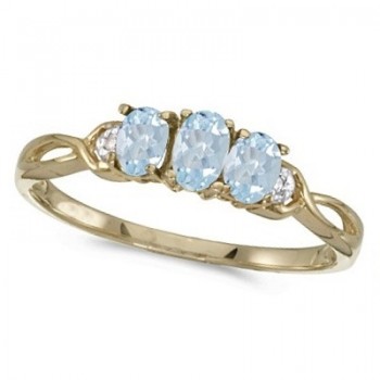 Oval Aquamarine and Diamond Three Stone Ring 14k Yellow Gold (0.50ctw)