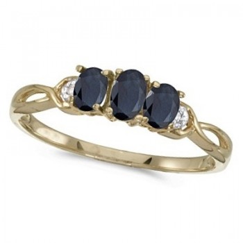 Oval Blue Sapphire & Diamond Three Stone Ring 14k Yellow Gold (0.65ct)