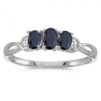 Oval Blue Sapphire & Diamond Three Stone Ring 14k White Gold (0.65ct)