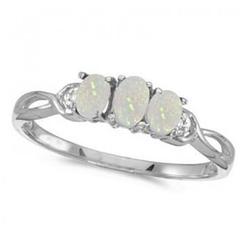 Oval Opal and Diamond Three Stone Ring 14k White Gold (0.65ctw)