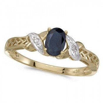 Blue Sapphire & Diamond Antique Style Ring 14K Yellow Gold (0.55ct)