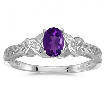 Amethyst & Diamond Antique Style Ring in 14K White Gold (0.45ct)