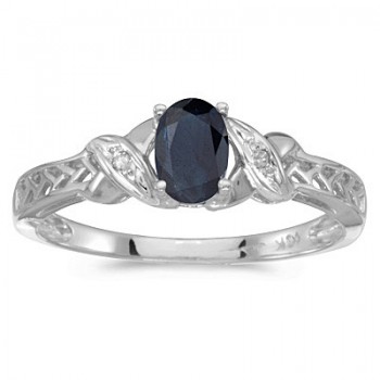 Blue Sapphire & Diamond Antique Style Ring 14K White Gold (0.55ct)