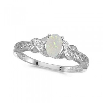 Opal & Diamond Antique Style Ring in 14K White Gold (0.55ct)