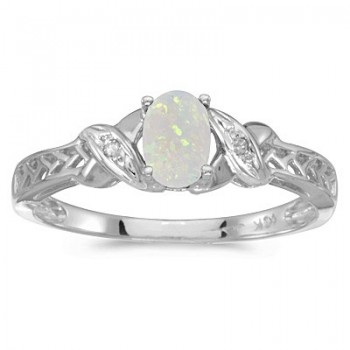 Opal & Diamond Antique Style Ring in 14K White Gold (0.55ct)