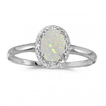 Oval Opal and Diamond Cocktail Ring in 14K White Gold (0.46ct)