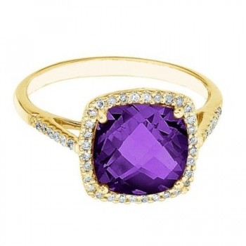 Cushion-Cut Amethyst & Diamond Cocktail Ring 14k Yellow Gold (3.70ct)