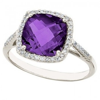 Cushion-Cut Amethyst & Diamond Cocktail Ring 14k White Gold (3.70ct)