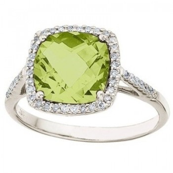 Cushion-Cut Peridot & Diamond Cocktail Ring 14k White Gold (3.70ct)