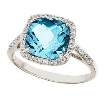 Cushion-Cut Blue Topaz & Diamond Cocktail Ring 14k White Gold (3.70ct)