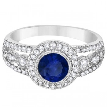 Vintage Blue Sapphire & Diamond Ring 14k White Gold (1.50ct)