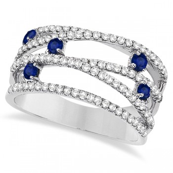 Blue Sapphire & Diamond Bypass Wide Ring 14k White Gold (0.90ctw)