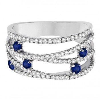 Blue Sapphire & Diamond Bypass Wide Ring 14k White Gold (0.90ctw)