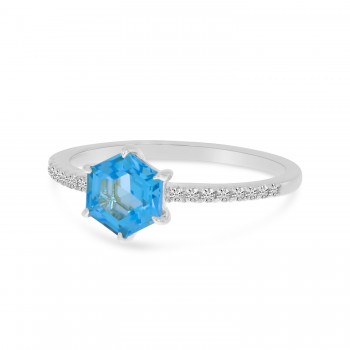 Hexagon Blue Topaz & Diamond Band Ring 14K White Gold (1.33ct)