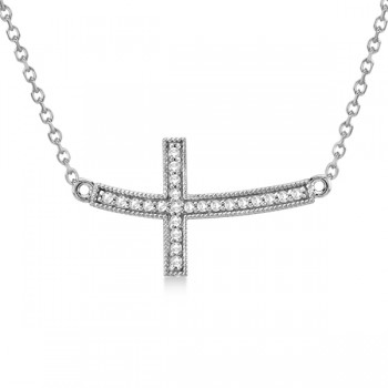 Curved Diamond Sideways Cross Pendant Necklace 14k White Gold 0.25ct