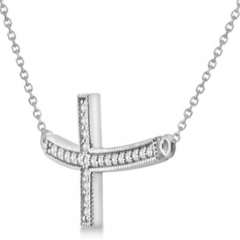 Curved Diamond Sideways Cross Pendant Necklace 14k White Gold 0.25ct
