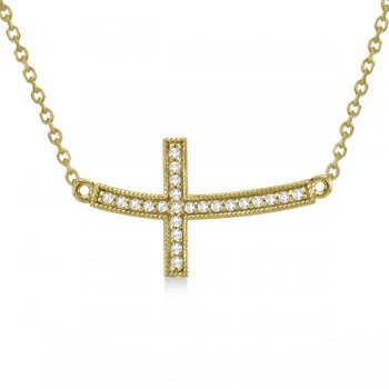 Curved Diamond Sideways Cross Pendant Necklace 14k Yellow Gold 0.25ct