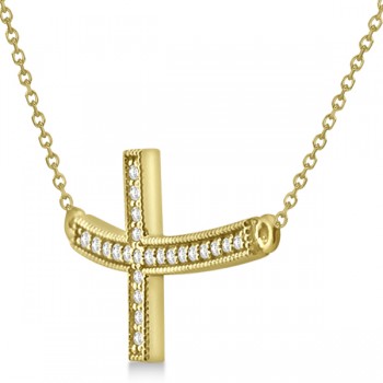 Curved Diamond Sideways Cross Pendant Necklace 14k Yellow Gold 0.25ct