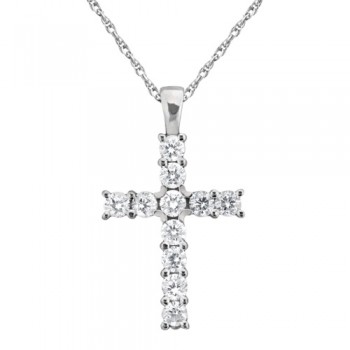 Prong-Set Diamond Cross Pendant Necklace 14k White Gold (0.55ct)