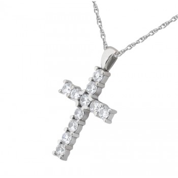 Prong-Set Diamond Cross Pendant Necklace 14k White Gold (0.55ct)