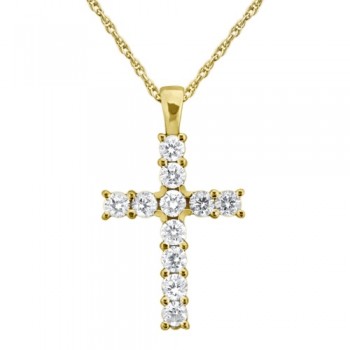 Prong-Set Diamond Cross Pendant Necklace 14k Yellow Gold (0.55ct)