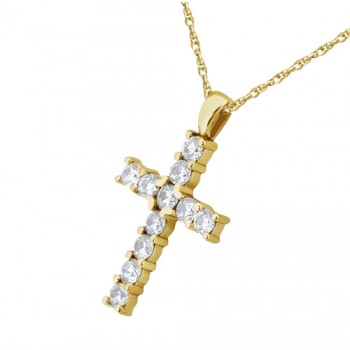 Prong-Set Diamond Cross Pendant Necklace 14k Yellow Gold (0.55ct)