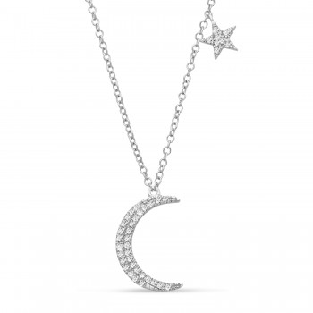 Diamond Moon and Single Star Pendant Necklace 14k White Gold (0.10ct)