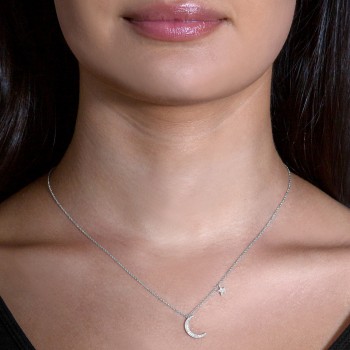 Diamond Moon and Single Star Pendant Necklace 14k White Gold (0.10ct)